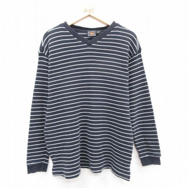 L★古着 ルート66 長袖 ビンテージ サーマル Tシャツ メンズ 00年代 00s コットン Vネック 紺他 ボーダー 25dec17