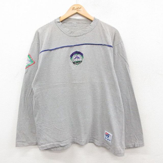 L★古着 長袖 ビンテージ Tシャツ メンズ 90年代 90s MLB コロラドロッキーズ 刺繍 クルーネック グレー他 ボーダー メジャーリーグ ベースボール 野球 25dec17