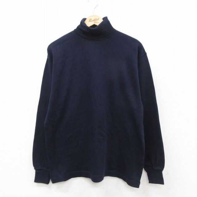 XL★古着 バンヒューセン 長袖 ビンテージ Tシャツ メンズ 90年代 90s 無地 コットン タートルネック ハイネック 紺 25dec18