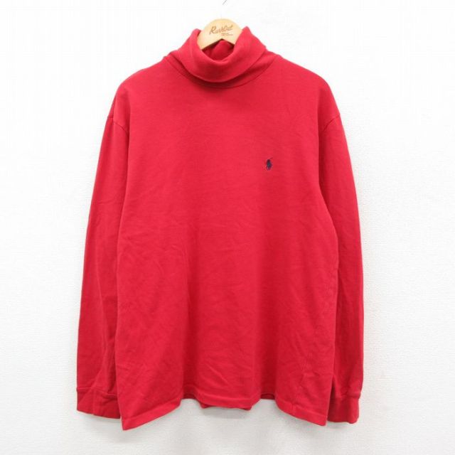 XL★古着 ラルフローレン 長袖 ブランド Tシャツ メンズ 90年代 90s ワンポイントロゴ 大きいサイズ コットン タートルネック ハイネック 赤 25dec18