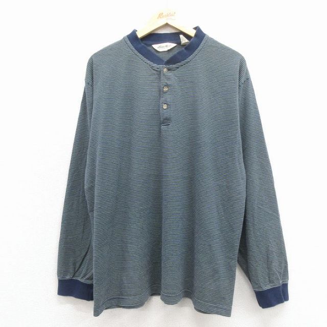 XL★古着 エディーバウアー 長袖 ビンテージ Tシャツ メンズ 00年代 00s 無地 大きいサイズ ヘンリーネック 紺他 ボーダー【spe】 26jan22