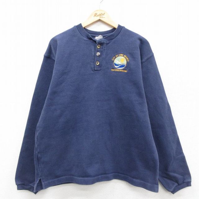 XL★古着 キャンバー 長袖 Tシャツ メンズ CITY OF 大きいサイズ コットン ヘンリーネック 紺 26jan26