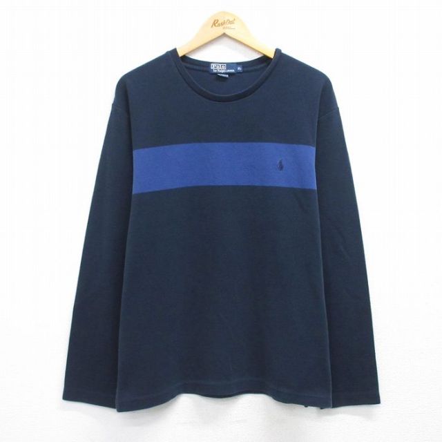 XL★古着 ラルフローレン 長袖 ブランド Tシャツ メンズ 90年代 90s ワンポイントロゴ 大きいサイズ コットン クルーネック 濃紺他 26jan27