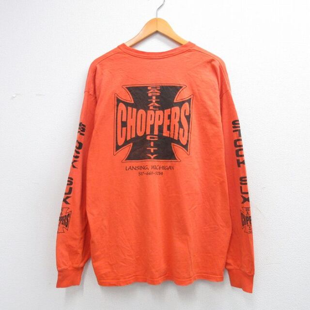 XL★古着 長袖 ビンテージ Tシャツ メンズ 90年代 90s チョッパーズ 大きいサイズ コットン クルーネック USA製 オレンジ【spe】 26feb20