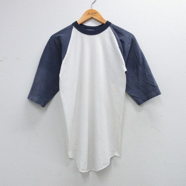 M★古着 ラッセル 7分袖 ビンテージ Tシャツ メンズ 70年代 70s 無地 ツートンカラー ラグラン クルーネック 白他【spe】 26feb20