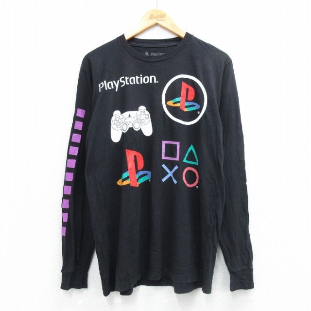 L★古着 長袖 Tシャツ メンズ プレイステーション コットン クルーネック 黒 26feb20