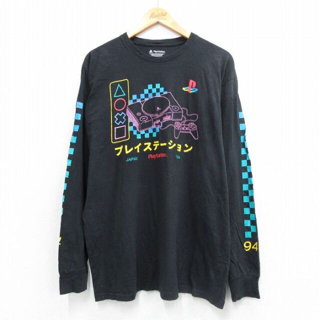 XL★古着 長袖 Tシャツ メンズ プレイステーション コットン クルーネック 黒 26feb20
