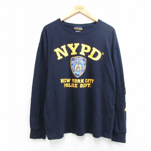 XL★古着 長袖 Tシャツ メンズ NYPD 大きいサイズ コットン クルーネック 紺 26feb28