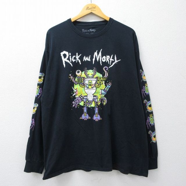 XL★古着 長袖 Tシャツ メンズ アニメ リックアンドモーティ 大きいサイズ コットン クルーネック 黒 26mar02