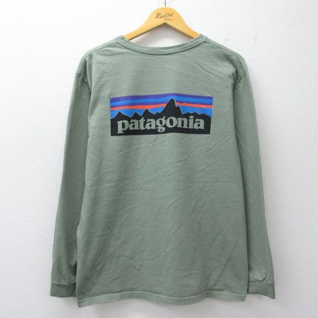 XL★古着 パタゴニア patagonia 長袖 Tシャツ メンズ ビッグロゴ コットン クルーネック 緑系 26mar02