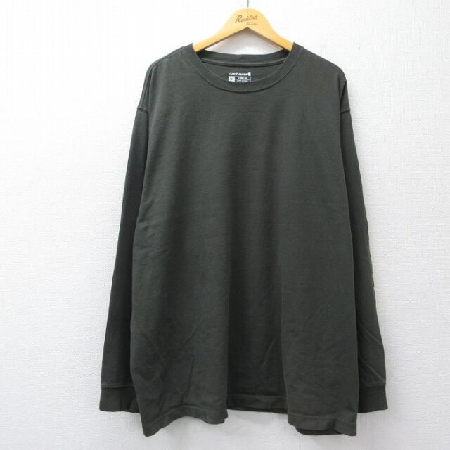 XL★古着 カーハート 長袖 Tシャツ メンズ ビッグロゴ 大きいサイズ ロング丈 コットン クルーネック 濃緑系 26mar04