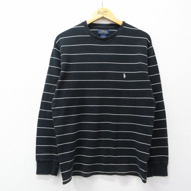 L★古着 ラルフローレン 長袖 ブランド サーマル Tシャツ メンズ ワンポイントロゴ コットン クルーネック 黒他 ボーダー 26mar04