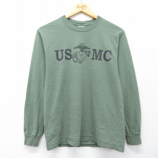 M★古着 長袖 ビンテージ Tシャツ メンズ 00年代 00s ミリタリー USMC コットン クルーネック 緑 26mar04