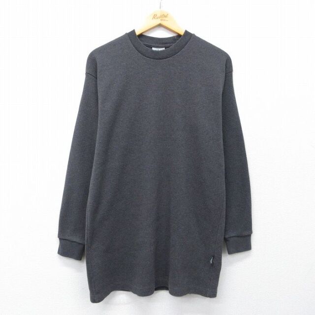 L★古着 長袖 サーマル Tシャツ メンズ 無地 ロング丈 クルーネック 濃グレー 26mar04