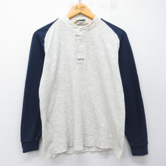 M★古着 セントジョンズベイ 長袖 ビンテージ Tシャツ メンズ 80年代 80s 無地 ラグラン ヘンリーネック USA製 薄グレー 霜降り他【spe】 26mar04