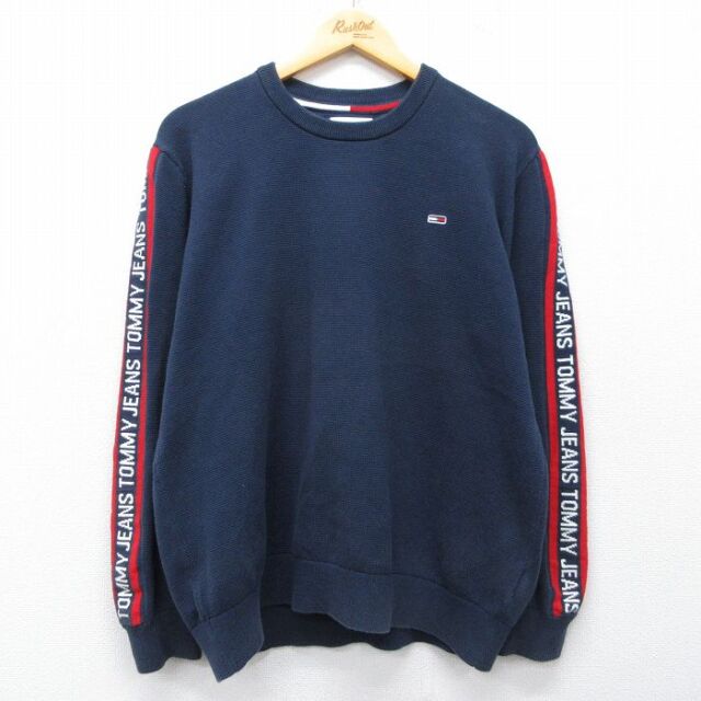 XL★古着 トミーヒルフィガー トミージーンズ 長袖 ブランド Tシャツ メンズ ビッグロゴ 大きいサイズ コットン クルーネック 紺他 26mar04