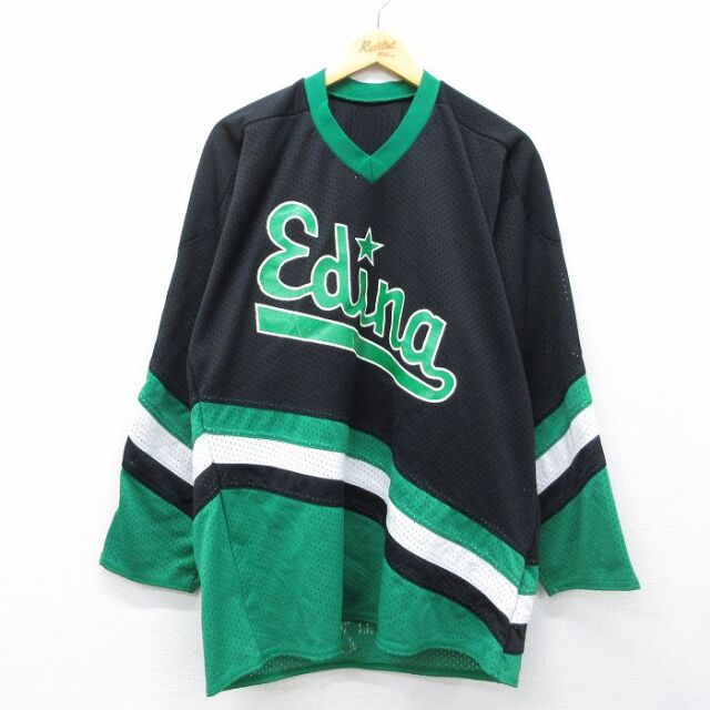 XL★古着 長袖 ビンテージ Tシャツ アイスホッケー ジャージ メンズ 90年代 90s Edina ロング丈 メッシュ地 Vネック USA製 黒 ユニフォーム ゲームシャツ 26mar10