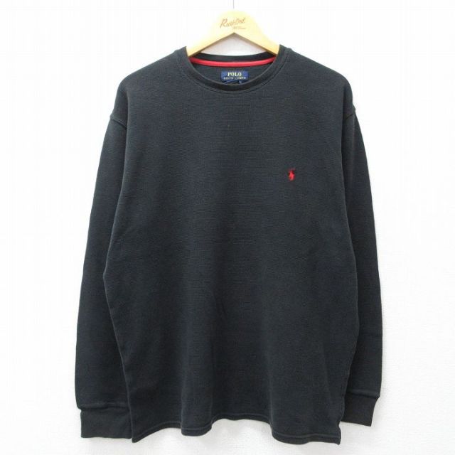 XL★古着 ラルフローレン 長袖 ブランド サーマル Tシャツ メンズ ワンポイントロゴ 大きいサイズ コットン クルーネック 黒 26mar13
