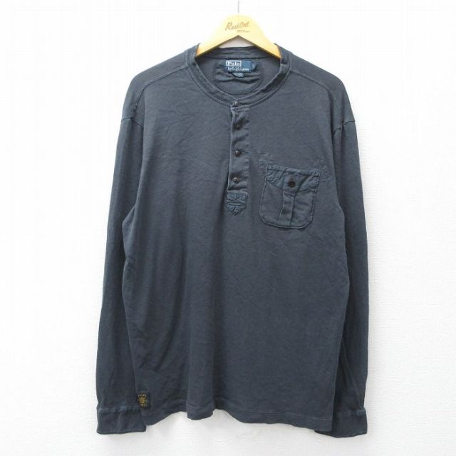 XL★古着 ラルフローレン 長袖 ブランド Tシャツ メンズ 90年代 90s 胸ポケット付き 大きいサイズ コットン ヘンリーネック 黒【spe】 26mar13