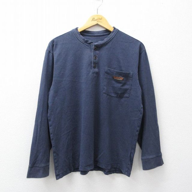 L★古着 パタゴニア patagonia 長袖 Tシャツ メンズ ワンポイントロゴ 胸ポケット付き ヘンリーネック 紺 26mar13