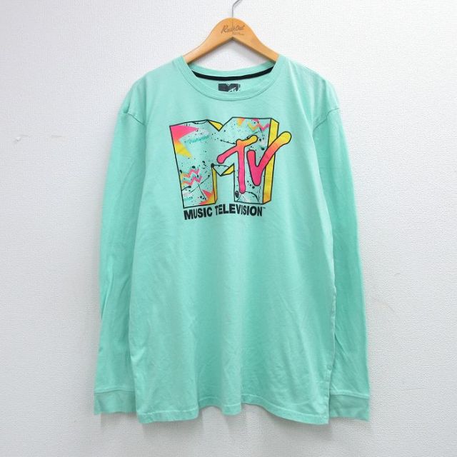XL★古着 長袖 Tシャツ メンズ MTV 大きいサイズ クルーネック 青緑 26mar13