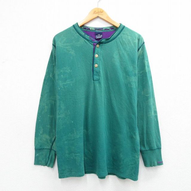 L★古着 デュオフォールド duofold 長袖 ビンテージ Tシャツ メンズ 90年代 90s 無地 コットン ヘンリーネック USA製 緑【spe】 26mar13