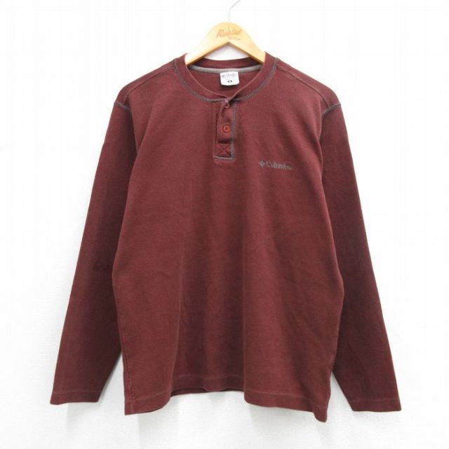 XL★古着 コロンビア 長袖 ビンテージ サーマル Tシャツ メンズ 00年代 00s ワンポイントロゴ コットン ヘンリーネック 茶 26mar13