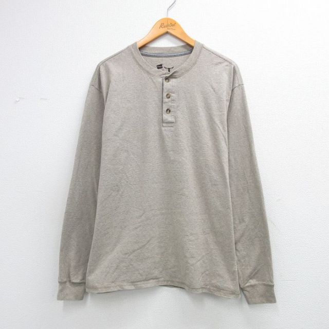 L★古着 ヘインズ 長袖 Tシャツ メンズ 無地 ヘンリーネック ベージュ 霜降り 26mar13