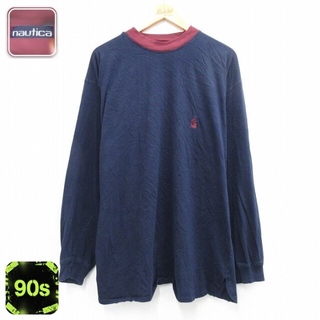 ノーティカ 90s 長袖Tシャツ ワンポイントロゴ ネイビー メンズXL相当 | 古着