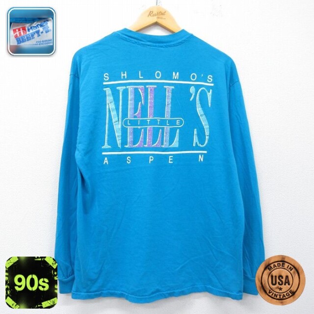 【20%OFF】ヘインズ 90s 長袖Tシャツ NELLS ライトブルー メンズL相当 | 古着