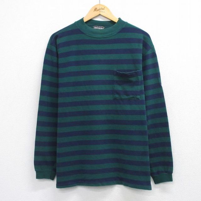 90s 長袖Tシャツ モックネック グリーンボーダー メンズXL相当 | 古着