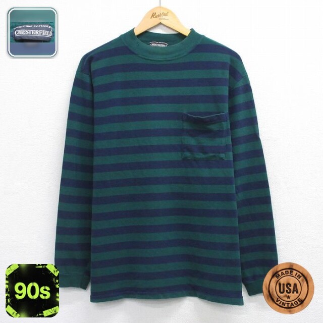 【20%OFF】90s 長袖Tシャツ モックネック グリーンボーダー メンズXL相当 | 古着