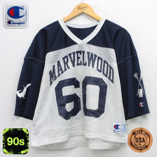 【20%OFF】チャンピオン 90s 7分袖フットボールTシャツ MARVEL ネイビー メンズXL相当 | 古着