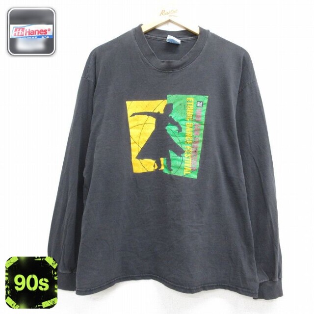 ヘインズ 90s 長袖Tシャツ ETHNIC DANCE FESTIVALプリント ブラック メンズXL相当 | 古着
