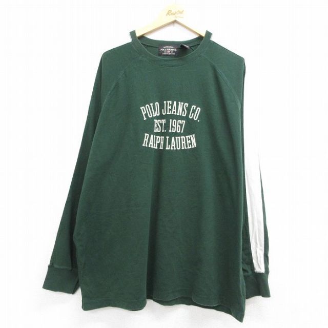 ラルフローレン ラグラン長袖Tシャツ ビッグロゴフロッキープリント グリーン メンズXL相当 | 古着
