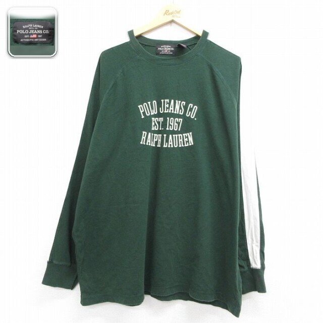 ラルフローレン ラグラン長袖Tシャツ ビッグロゴフロッキープリント グリーン メンズXL相当 | 古着