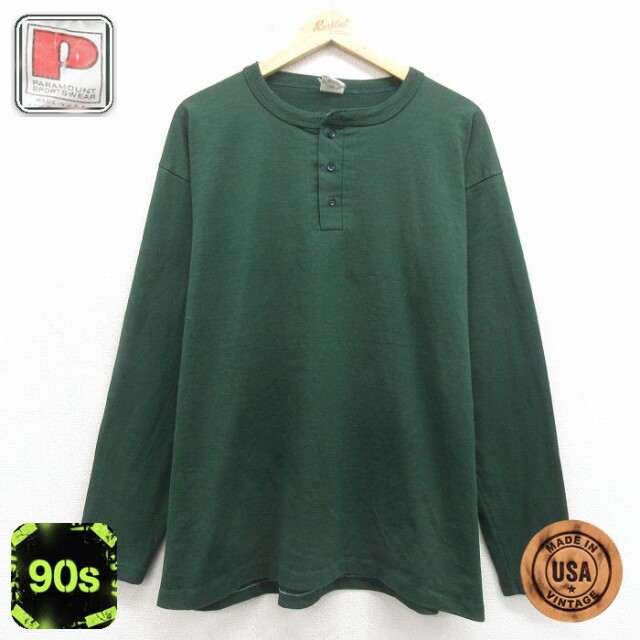 90s 長袖Tシャツ ヘンリーネック グリーン メンズXL相当 | 古着
