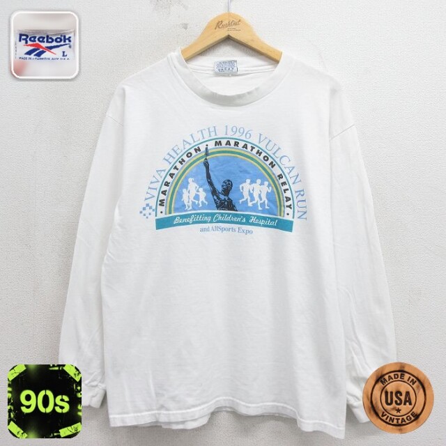 リーボック 90s 長袖Tシャツ マラソン ホワイト メンズL相当 | 古着