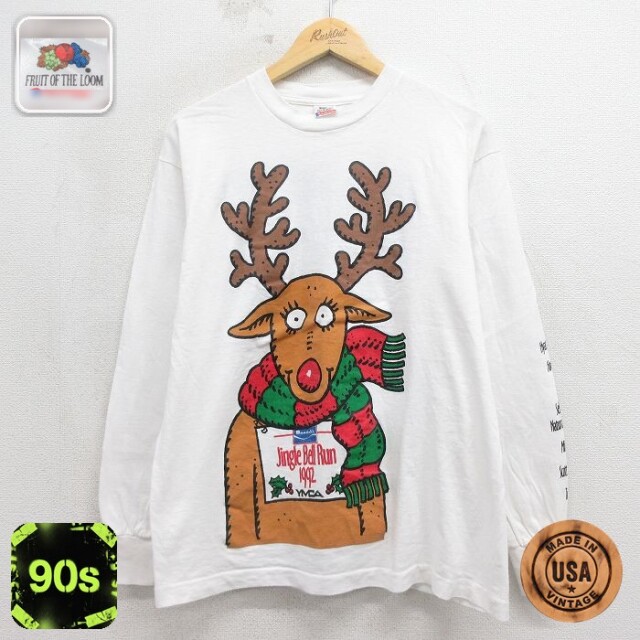 90s 長袖Tシャツ トナカイ ホワイト メンズL相当 | 古着