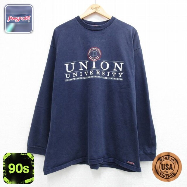 ジャンスポーツ 90s 長袖Tシャツ UNION カレッジ ネイビー メンズXL相当 | 古着