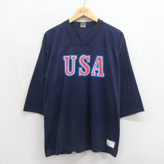 古着通販 XL☆古着 7分袖 ビンテージ フットボール Tシャツ メンズ 80