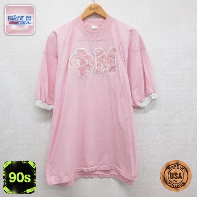 90s 半袖フットボールTシャツ ギリシャ文字 ピンク メンズXL相当 | 古着