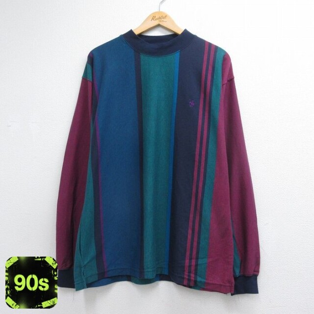 90s 長袖Tシャツ ワンポイントロゴ ネイビーボーダー メンズXL相当 | 古着