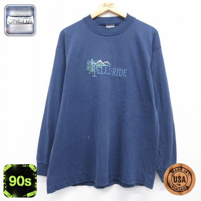 オニータ 90s 長袖Tシャツ TELLURIDE刺繍 ネイビー メンズL相当 | 古着
