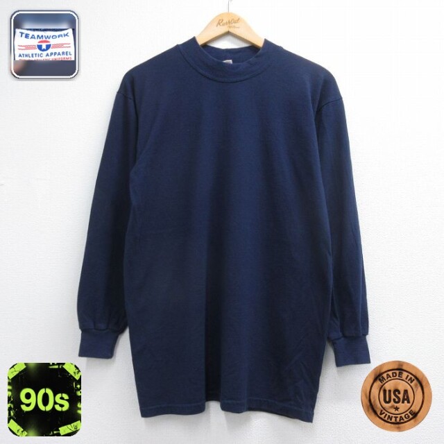 90s 長袖Tシャツ モックネック ネイビー メンズL相当 | 古着