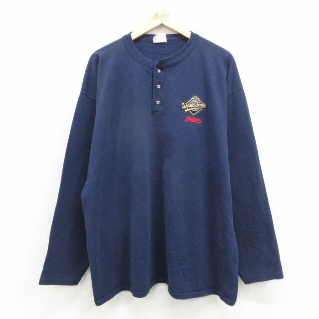 XL★古着 長袖 ビンテージ Tシャツ メンズ 90年代 90s MLB クリーブランドインディアンス 大きいサイズ コットン ヘンリーネック USA製 ネイビー 26jul04