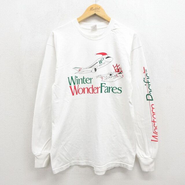 L★古着 フルーツオブザルーム 長袖 ビンテージ Tシャツ メンズ 90年代 90s 飛行機 コットン クルーネック USA製 ホワイト 26jul04