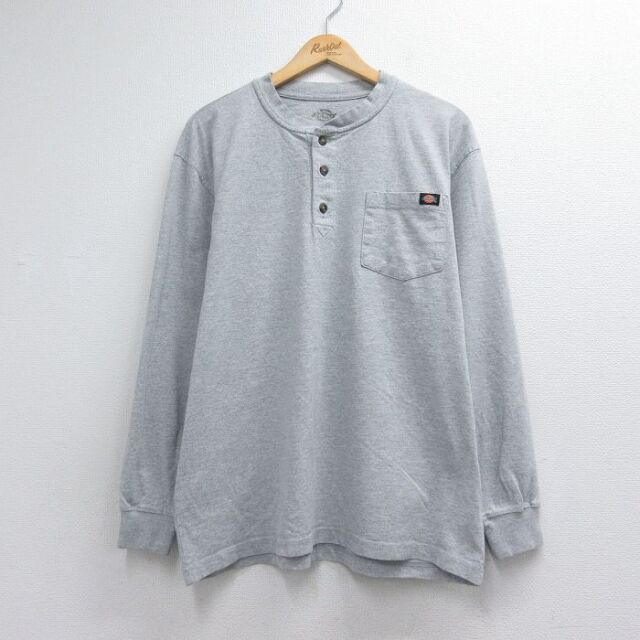 XL★古着 ディッキーズ 長袖 Tシャツ メンズ ワンポイントロゴ 胸ポケット付き ヘンリーネック グレー 霜降り 26jul06
