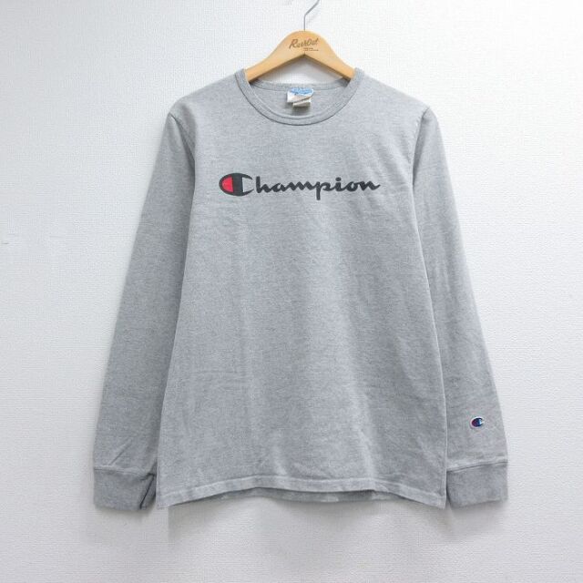 M★古着 チャンピオン Champion 長袖 Tシャツ ビッグロゴ クルーネック グレー 霜降り 26jul06