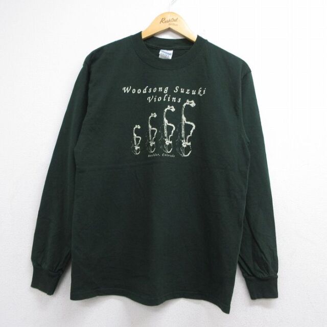M★古着 長袖 ビンテージ Tシャツ メンズ 00年代 00s バイオリン コットン クルーネック グリーン 26jul06